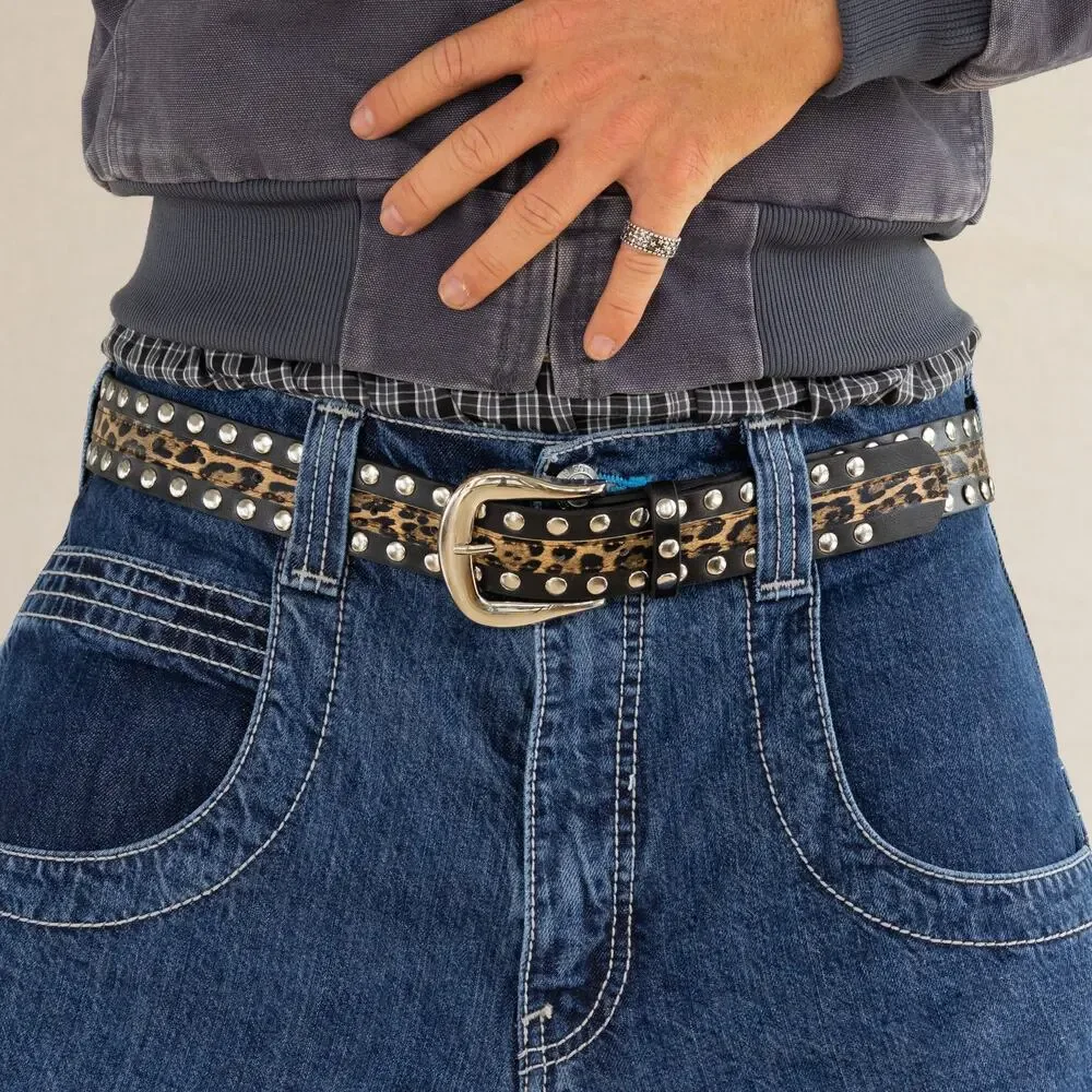 Vintage Leopard Studded Leather Belt Silver Buckle Y2K Punk Grunge Unisex